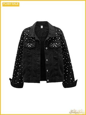 Women's Pearl Rhinestone Cropped Denim Jacket Jean Coat Buttons